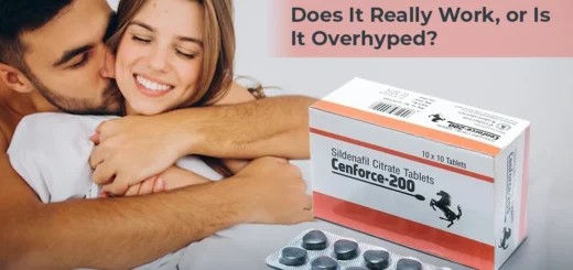 Happy couple embracing in bed next to a box of Cenforce 200 tablets, with the text "Cenforce 200 Unfiltered: Does It Really Work, or Is It Overhyped?" displayed on the image.