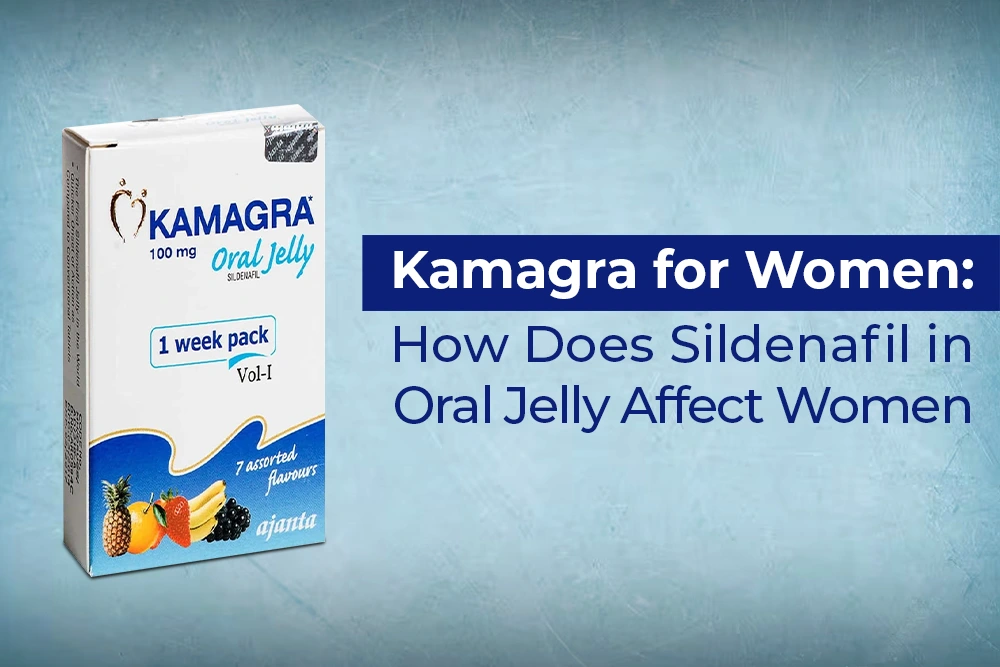 Kamagra for Women: How Does Sildenafil in Oral Jelly Affect Women 1 Image of Kamagra Oral Jelly packaging alongside the text "Kamagra for Women: How Does Sildenafil in Oral Jelly Affect Women" on a blue background.