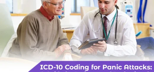 Doctor discussing panic attack diagnosis with an elderly patient, highlighting ICD-10 coding guidance for healthcare professionals and patients