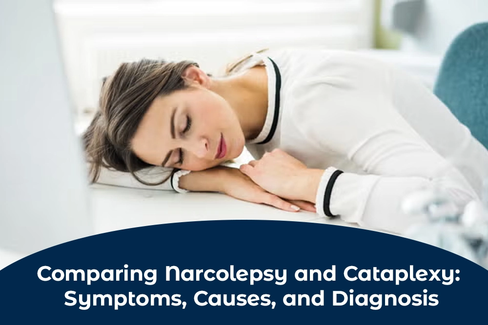 Comparing Narcolepsy and Cataplexy: Symptoms, Causes, and Diagnosis 1 Woman asleep at her desk representing excessive daytime sleepiness, highlighting the symptoms of narcolepsy and cataplexy.