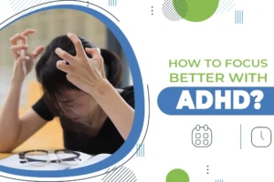 Frustrated woman struggling to focus with ADHD, sitting at a desk with her hands in her hair