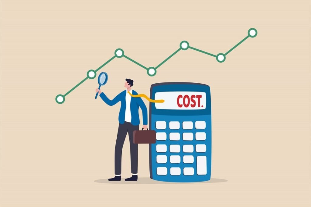 Illustration of a businessman holding a magnifying glass and briefcase, standing next to a large calculator labeled “COST,” with an upward-trending line graph in the background, representing cost analysis or increasing expenses.